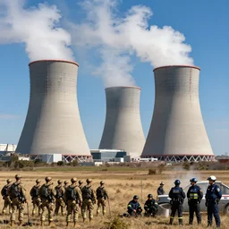 digital artwork, collage of nuclear plant, army soldiers, first responders, police