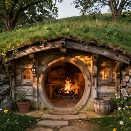 cozy hobbit hole natural lighting fireplace wooden furniture rustic
