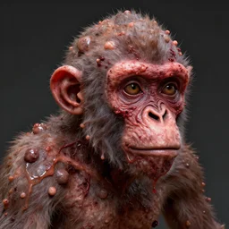 measles on a deformed hideous pustule covered monkey, sores, bumps, skin wounds, surface hives, growths, horror, fantasy, highly detailed, by Dan Hillier, ooze, slime