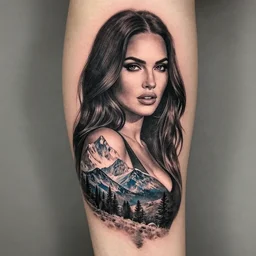 double exposure effect tattoo design sketch of megan fox with beautiful mountains, realism tattoo, in the style of andrey lukovnikov, amazing detail, sharp