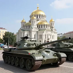 a cctv footage of russian tanks ( with letter z painted with white paint on the side ) in front of st sophia's cathedral in kyiv