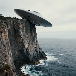 stunning landscape photography of a crashed uap next to a craggy ocean cliff. cinematic. stunning composition. alien technology