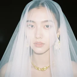 filmstill photography of female face covered with white translucent blanket, luxurious supermodel photoshooting, golden jewelry,