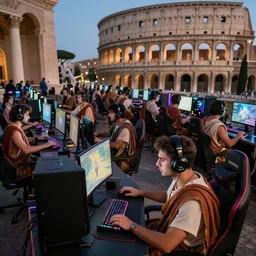 Ancient roman LAN party with lots of men wearing togas and gaming headsets playing on computers, roman architecture, modern computers PC RGB gamer lights and gamer chairs. Photo realistic.