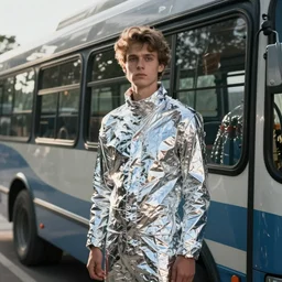 man wrapped in foil standing on a buss cenimatic photography