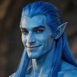 a face portrait of a humanoid male with blueskin, elegant, smiling, chiseled jaw, slightly smiling, triton race from d & d, elf ears, beautiful man, long blue hair in a ponytail, short hair on sides, style by donato giancola, wayne reynolds, jeff easley dramatic light, high detail, cinematic lighting, artstation,