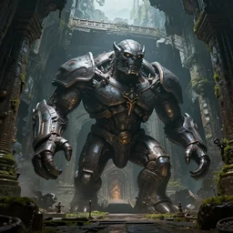 massive iron golem guarding an ancient temple, epic fantasy art, highly detailed and intricate, underground, depth of view, crumbled bridge in the background, moss on the walls