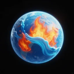 fire and water volcanic planet from space, black background, render icon