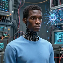 zoomed out, a dark male android in light blue clothes, crowded with wires and computers and neural networks, realistic face, zoomed out, sci - fi, ai, 4 k realistic, artem demura. alphonse mucha
