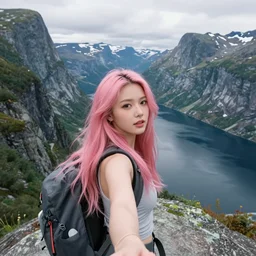 a young woman with long pink hair, facing forward for a selfie, back towards fjord, hiking clothes, tank top, backpack, norway, fjords in background, cinematic, beautiful, stunning, day time, epic, 8 k, 1 6 : 9