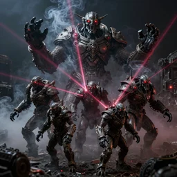giant group smoke bodies, lasers, darkness, macro, wide angle, elaborate, smoke, red dot, highly detailed, beautiful lighting