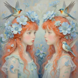 breathtaking detailed concept art painting portrait in pastel colors of girls looks each other by hsiao - ron cheng amalgamation light blue flowers and birds in carroty hair, weird background with bizarre compositions blend of flowers and birds, exquisite detail, 8 k
