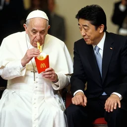 the pope eating mc donalds with prime minister shinzo abe, photo by slim aarons, award winning