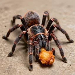 a large tarantula eating a fried chicken