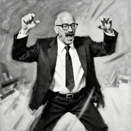 saul goodman as gene with glasses and a mustache, screaming, flailing, action! monochromatic painting by phil hale, fransico goya,'action lines '!!!, graphic style, visible brushstrokes, motion blur, blurry