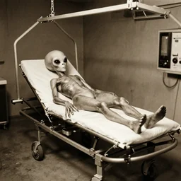 alien on a gurney in hanger, grainy, vintage photo, sepia, old photo, realistic, detailed,