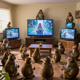 big room filled with monkeys all watching different televisions