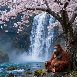 a orangutan meditating on the meaning of life in a beautiful cherry blossom tree forest near a great big blue waterfall by greg rutkowski and alphonse mucha