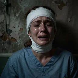 a portrait photograph of a female patient in a mental asylum hospital with a bandaged head and face, messy wall background, damaged and pain and anguish and terror in the darkness, crying, extreme sadness, hopeless, very dark, depressing, grim, moody, atmospheric lighting, cinematic lighting, expressive, by francis bacon and dave mckean