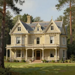 portrait of a large victorian manor house in a pine forest, well lit, detailed, cinematic lighting, oil painting
