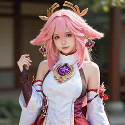 realistic beautiful gorgeous natural cute real cosplay Yae Miko from Genshin Impact art drawn full HD 4K highest quality in artstyle by professional artists WLOP, Taejune Kim Artstation