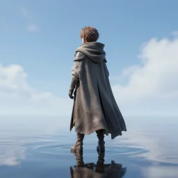a render of a small character from skyrim in an anime style with a long fabric cloak looking at the sky and facing away from the camera. there is shiny a liquid reflecting everything from below. 8 k, unreal engine, blender, vaporwareaesthetics, trending on pixiv