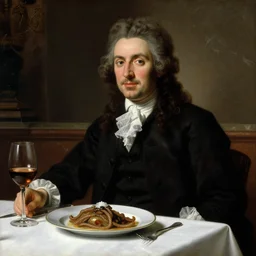 baroque oil portrait handsome aristocrat in elegant black suit in a restaurant, dish with cooked sandworm from dune on a table, painted by cushart krentz jeremy mann peter paul rubens, wine glass, marble interior, close up shot, soft lighting, dark color scheme, white tablecloth, baroque style, volumetric lighting, photo realistic, highly detailed