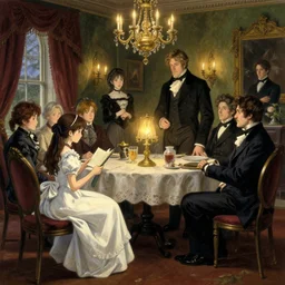 victorian britain 1 8 3 6, wealthy couple william and fanny nightingale entertain numerous guests in english victorian manor, adolecent florence nightingale reciting poetry, lamp light, finely detailed perfect art, gapmoe yandere grimdark, trending on pixiv fanbox, painted by greg rutkowski makoto shinkai takashi takeuchi studio ghibli