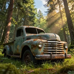 abandoned old retro truck car closeup in the forest, macro, grass, detailed, huge scene, warm lighting, concept art, beautiful, art greg rutkowski, low angle, high detail, godrays, cinematic view, volumetric, epic sky, vivid, trending on artstation, by jordan grimmer