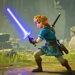 in game footage of a light saber from the legend of zelda breath of the wild, breath of the wild art style.