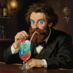 a magician with magic eyes and a full beard drinking a multicolored magic drink in a bar, highly detailed painting by studio ghibli and carravagio, leyendecker, craig mullins, nice lighting, smooth tiny details, soft and clear shadows, low contrast, perfect