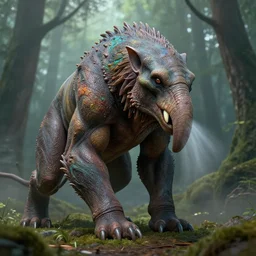 The blind behemoth that hunts by smell in the misty forest, studio lighting, model, HDR, 24MP, fantasy, high detail, elegant, digital painting, natural light, vibrant, intricate, textured skin, highly detailed, artstation, sharp, focus, illustration, Anna Dittmann, Ilya Kuvshinov, Nikolay Makovsky