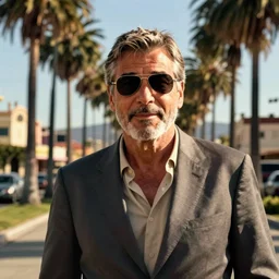 george clooney in gta v. los santos in background, sunglasses, shallow depth of field, palm trees in the art style of stephen bliss