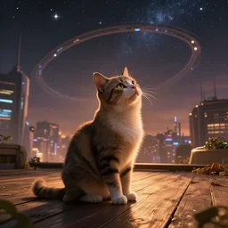 anthropomorphic cat, sitting on a wooden deck, staring into the sky, night, dramatic warm lighting, futuristic cyberpunk cityscape in background, stellaris concept art, ringworld structure in sky