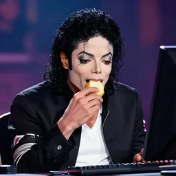 photo still of michael jackson eating a potato on a computer, 8 k, live concert lighting, mid shot
