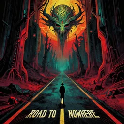 the long and perilous lonely road to nowhere | A vain attempt to escape the cursed depths of abyssal Hades, art deco, grimdark vibrant palette