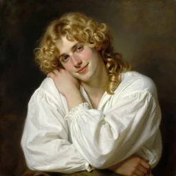 beautiful portrait painting of the androgynous pale blond prince Lucius with long curly blond hair, delicate young man wearing a soft white poet shirt smiling sleepily at the viewer, in love by J.C Leyendecker and Norman Rockwell