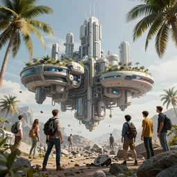 a matte painting of high - tech floating city earthquake, concept art, gravels around, coconut palms, weightlessness, reverse, by oksana dobrovolska, vicotr hugo harmatiuk, joon ahn, yang qi, romain jouandeau, quy ho, karol bak, beeple, 4 k, unreal engine, vray render, artstation