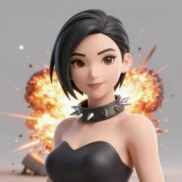 a female video game character wearing a spiked collar, standing in front of an explosion