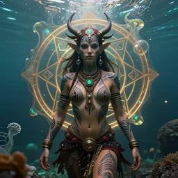 a centered full body render of alluring festival hippies with tribal tattoos surrounded by a underwater ink pour and flowing liquid galium and sacred geometry, perfect face, powerful, cinematic, beautifully lit, by artgerm, by karol bak, by donato giancola, 3 d, trending on artstation, octane render, 8 k