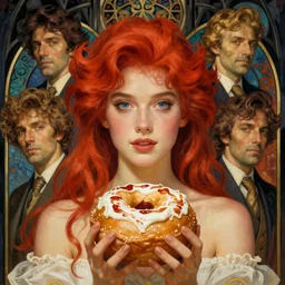realistic detailed portrait of orlando bloomin onion with bright red hair by alphonse mucha, amano, charlie bowater, karol bak, greg hildebrandt, jean delville, and mel brooks, art nouveau, neo - gothic, gothic, dark ominous lighting