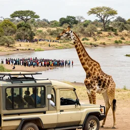 a giraffe driving a safari car in south africa watching humans gathering in a giant river