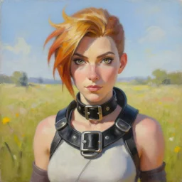 oil painting of tracer overwatch in a field wearing very large black leather belt choker collar around neck, in style of mark arian, expressive face, very detailed face, very detailed eyes, full body, feminine face, tracer overwatch,