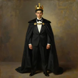 a portrait of an emperor, young, olive skin, sharp eyes, sharp nose, black short hair, royal crown, royal cape, black suit, white shirt, black bowtie, determined, full body oil painting