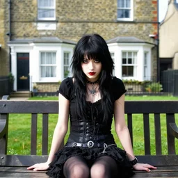 emo goth girl sitting on a bench in front of a British house on a hot day, 2006, black hair