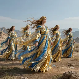 five long, flowing cloaks made of millions of thin ribbons and threads of translucent gold and blue fabric that are twisting, swirling, unraveling, and pulling apart in the wind of an ancient landscape with a distant skyline of mountains in the background, unreal engine