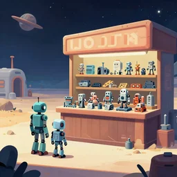 in front of a store selling robots and robot parts, in a remote outpost, on an alien planet, from a space themed point and click 2 d graphic adventure game, set design inspired slightly by ( tomb raider ), art inspired by ( ( ( thomas kinkade ) ) ) and mark keathley