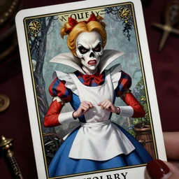 Angry Queen of Hearts with Alice, Death Tarot card,highly detailed,half skull face,cinematic,8k,by Stanley Artgermm,Tom Bagshaw,Greg Rutkowski,Carne Griffiths, Ayami Kojima, Beksinski, Giger,trending on DeviantArt,hyper detailed,horror, full of colour