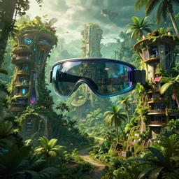 cyberpunk visor, cyberpunk buildings in the tropical forest, wild jungles with organic housing, cyberpunk, photorealism, high detail