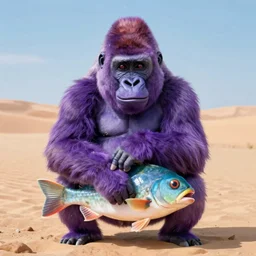 photo of a purple gorilla hugging a generic fish in the desert